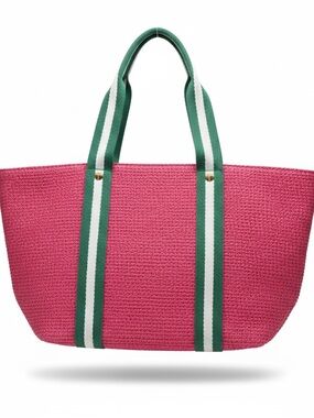Talbots Pink Straw Tote Bag with Green Stripe Handles